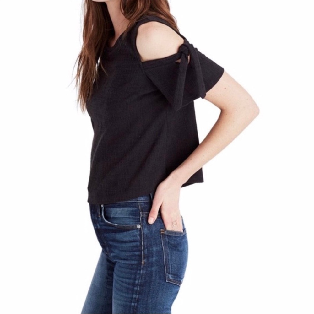 Madewell Skylark Cold-Shoulder Top Black Bow Tie Cotton Flutter Swing Size M